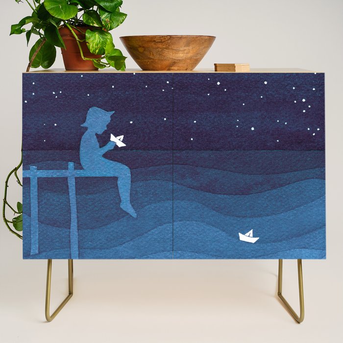 Boy with paper boats, blue Credenza Gallery Image 1