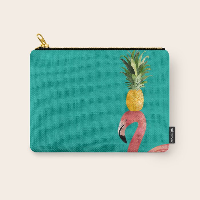 Flamingo Vibes |Tropical Pink Bird Pineapple on Head| Renee Davis Carry All Pouch Gallery Image 1