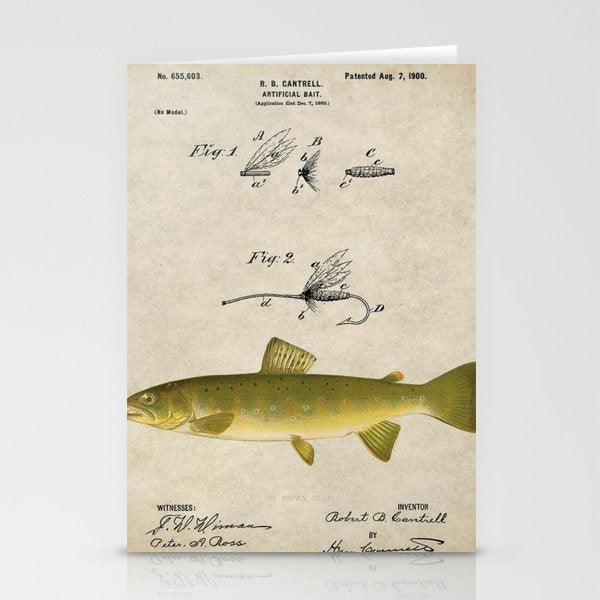 Vintage Brown Trout Fly Fishing Lure Patent Game Fish Identification Chart Stationery Card Gallery Image 1