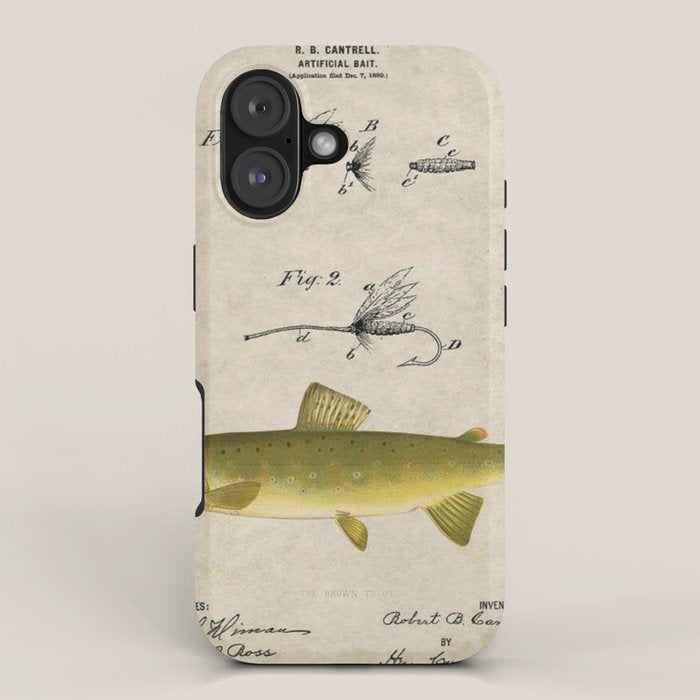 Vintage Brown Trout Fly Fishing Lure Patent Game Fish Identification Chart iPhone Case Gallery Image 1