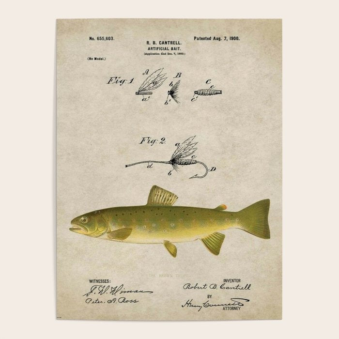 Vintage Brown Trout Fly Fishing Lure Patent Game Fish Identification Chart Poster Gallery Image 1