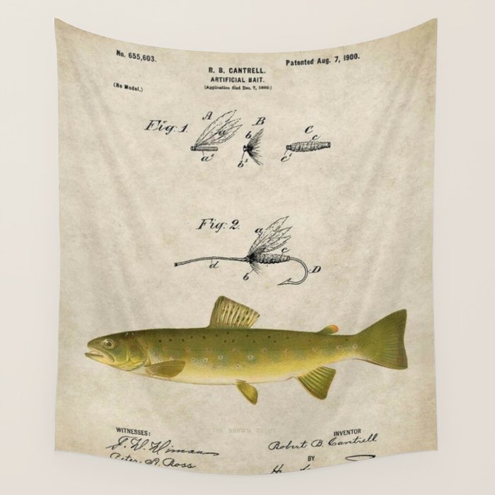 Vintage Brown Trout Fly Fishing Lure Patent Game Fish Identification Chart Wall Tapestry Gallery Image 4