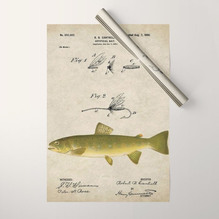 Vintage Brown Trout Fly Fishing Lure Patent Game Fish Identification Chart Wrapping Paper Gallery Image 1