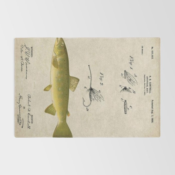 Vintage Brown Trout Fly Fishing Lure Patent Game Fish Identification Chart Rug Gallery Image 2