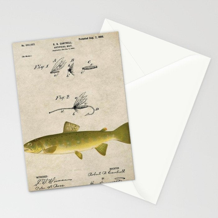 Vintage Brown Trout Fly Fishing Lure Patent Game Fish Identification Chart Stationery Card Gallery Image 2