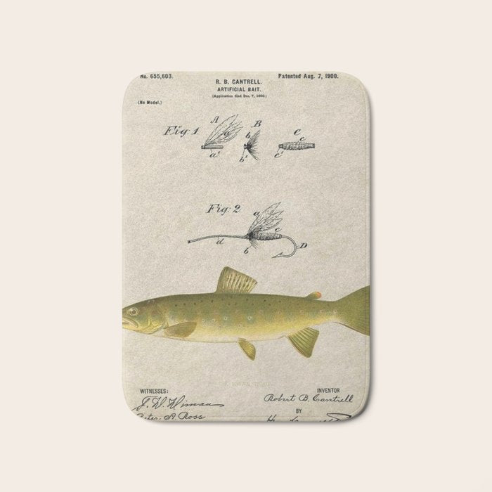 Vintage Brown Trout Fly Fishing Lure Patent Game Fish Identification Chart Bath Mat Gallery Image 1