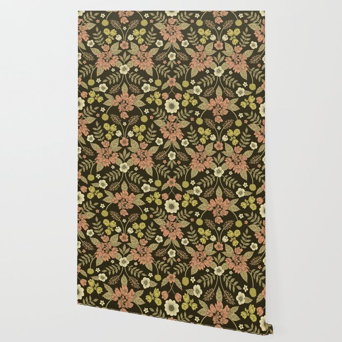 Sage, Dark Green, Peach & Cream Floral Pattern Wallpaper Gallery Image 2
