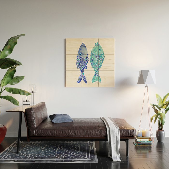 Indonesian Fish Duo - Navy & Turquoise Palette Wood Wall Art Gallery Image 2