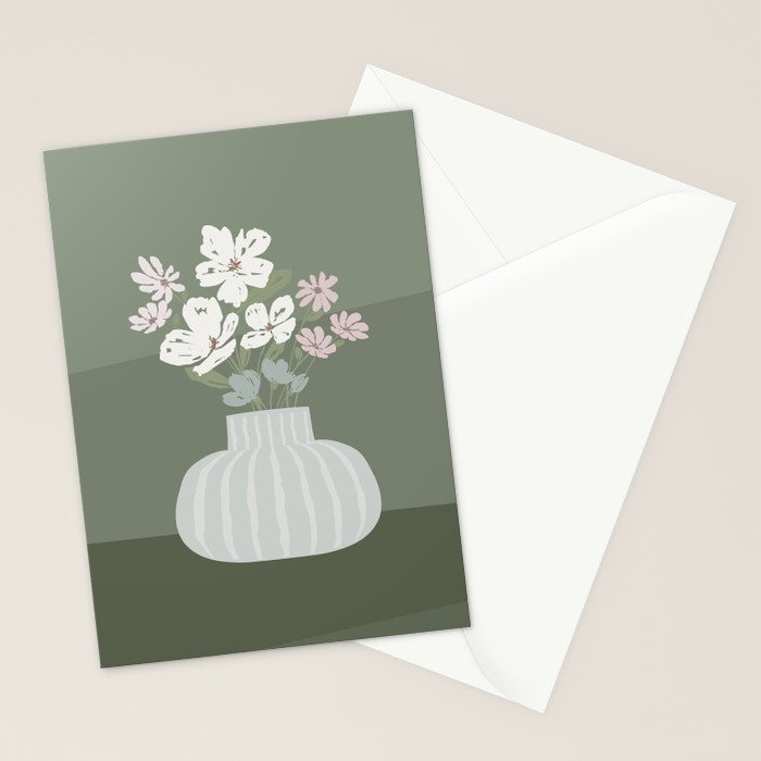 Wildflower bouquet in vase illustration - muted pink, beige and sage green flowers  Stationery Card Gallery Image 2