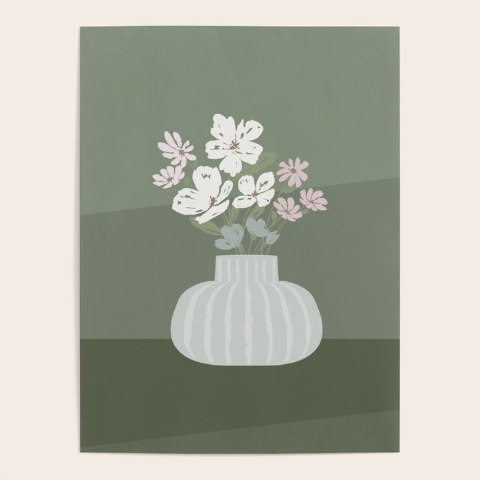 Wildflower bouquet in vase illustration - muted pink, beige and sage green flowers  Poster Gallery Image 1