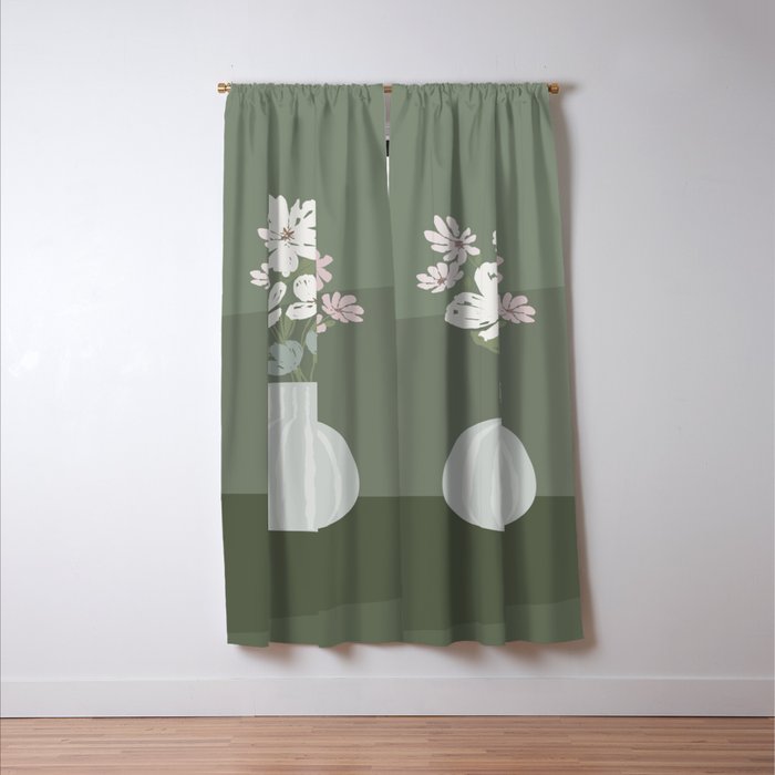 Wildflower bouquet in vase illustration - muted pink, beige and sage green flowers  Window Curtain Gallery Image 3