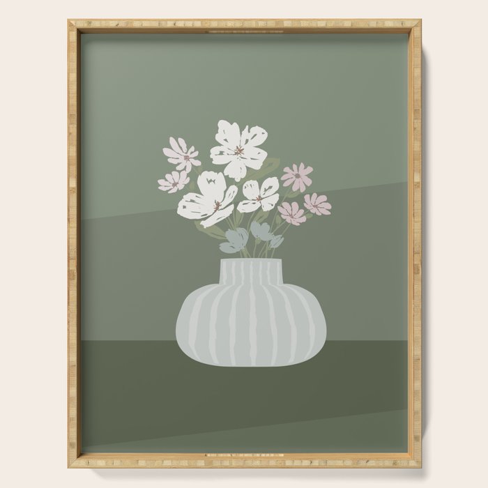 Wildflower bouquet in vase illustration - muted pink, beige and sage green flowers  Serving Tray Gallery Image 1
