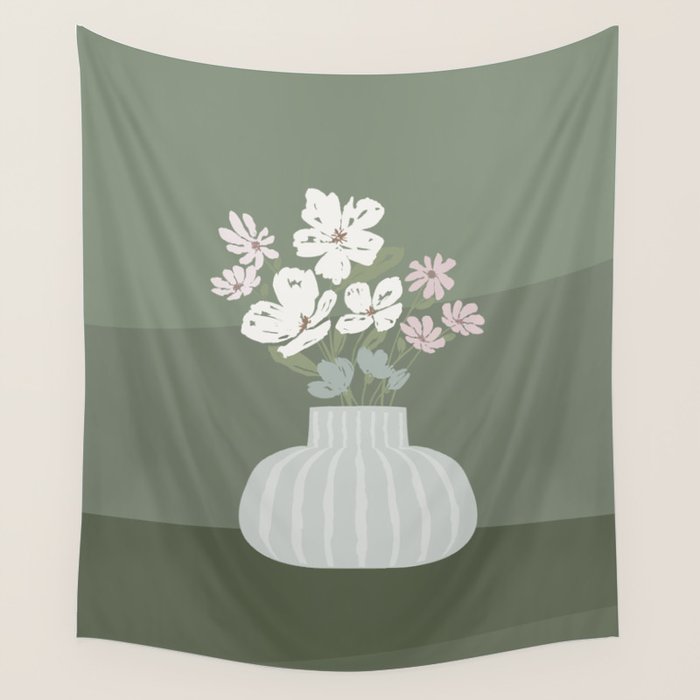 Wildflower bouquet in vase illustration - muted pink, beige and sage green flowers  Wall Tapestry Gallery Image 1
