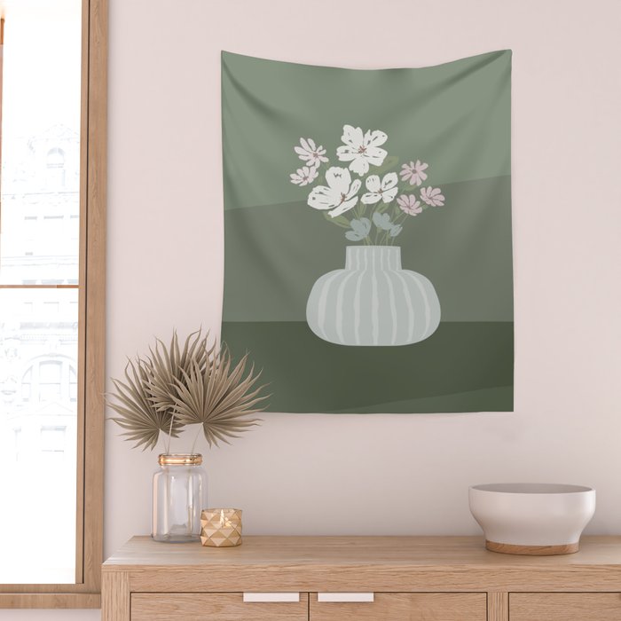 Wildflower bouquet in vase illustration - muted pink, beige and sage green flowers  Wall Tapestry Gallery Image 2