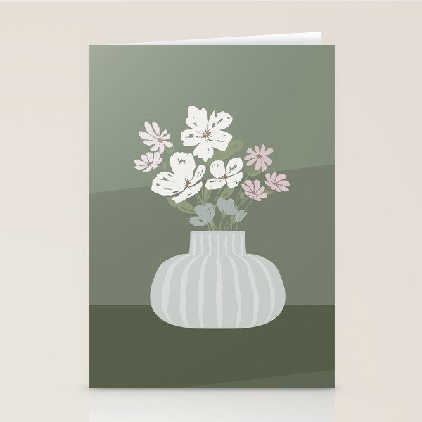 Wildflower bouquet in vase illustration - muted pink, beige and sage green flowers  Stationery Card Gallery Image 1