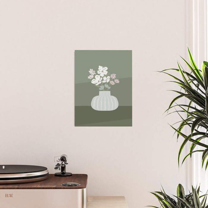 Wildflower bouquet in vase illustration - muted pink, beige and sage green flowers  Poster Gallery Image 2
