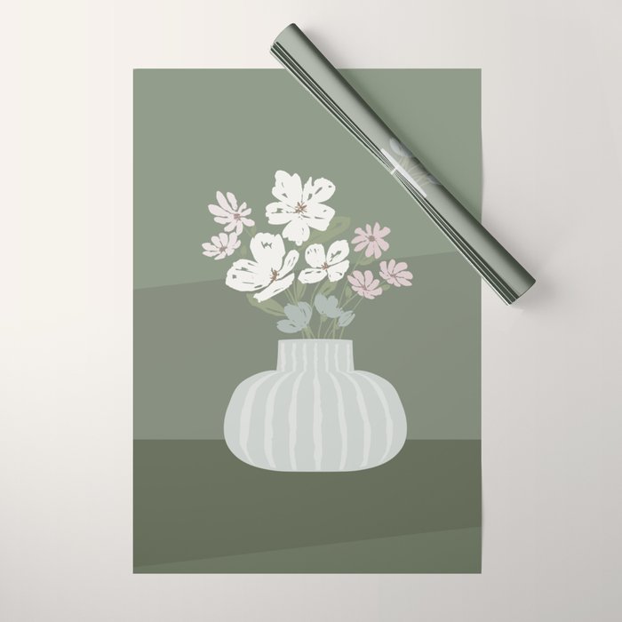 Wildflower bouquet in vase illustration - muted pink, beige and sage green flowers  Wrapping Paper Gallery Image 1