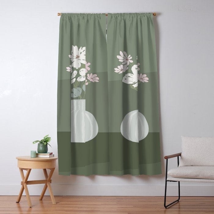 Wildflower bouquet in vase illustration - muted pink, beige and sage green flowers  Window Curtain Gallery Image 1