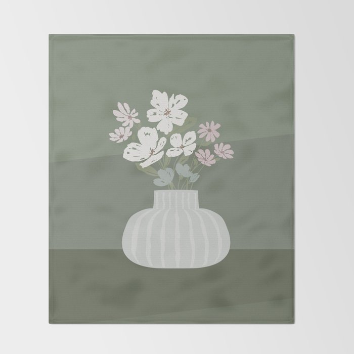 Wildflower bouquet in vase illustration - muted pink, beige and sage green flowers  Throw Blanket Gallery Image 2