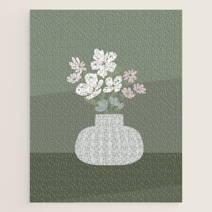 Wildflower bouquet in vase illustration - muted pink, beige and sage green flowers  Jigsaw Puzzle Gallery Image 1