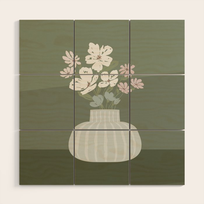 Wildflower bouquet in vase illustration - muted pink, beige and sage green flowers  Wood Wall Art Gallery Image 1