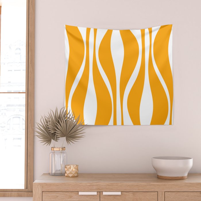 Mid Century Modern Abstract Lounge Pattern in Yellow Orange and White Wall Tapestry Gallery Image 2
