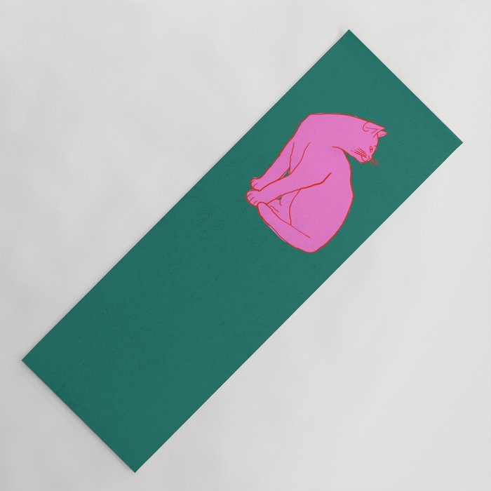 Pink Cat On Green Background Yoga Mat Gallery Image 1