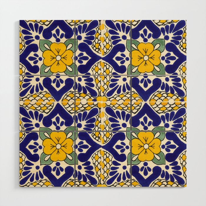 talavera mexican tile in blu and yellow Wood Wall Art Gallery Image 1
