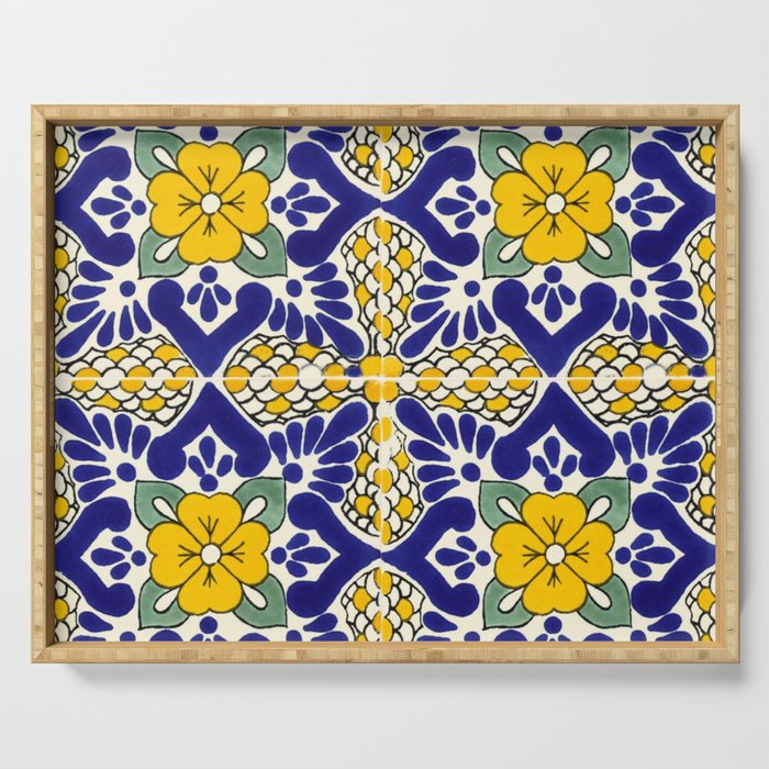 talavera mexican tile in blu and yellow Serving Tray Gallery Image 1