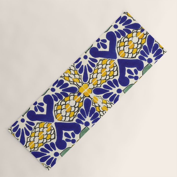 talavera mexican tile in blu and yellow Yoga Mat Gallery Image 1
