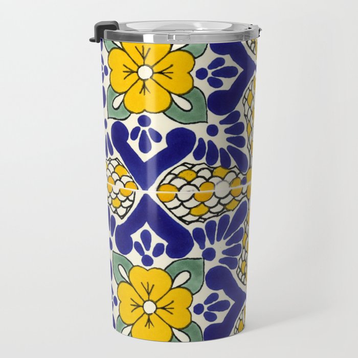 talavera mexican tile in blu and yellow Travel Mug Gallery Image 3