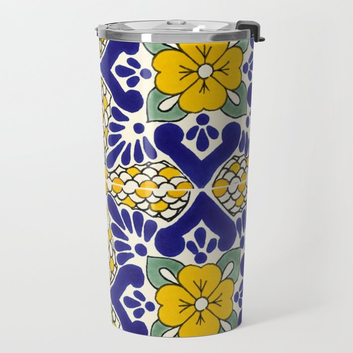 talavera mexican tile in blu and yellow Travel Mug Gallery Image 2
