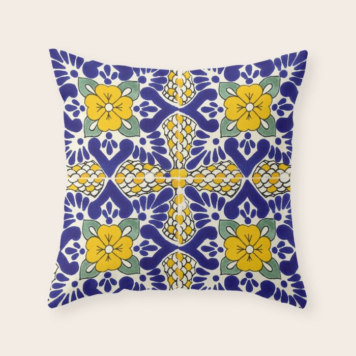 talavera mexican tile in blu and yellow Throw Pillow Gallery Image 6