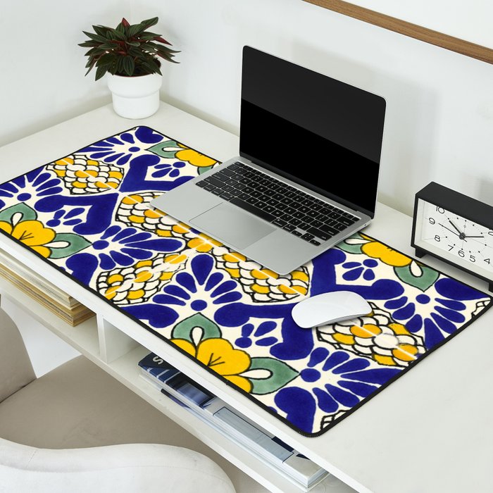 talavera mexican tile in blu and yellow Desk Mat Gallery Image 2