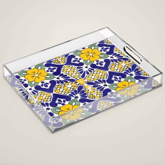 talavera mexican tile in blu and yellow Acrylic Tray Gallery Image 1