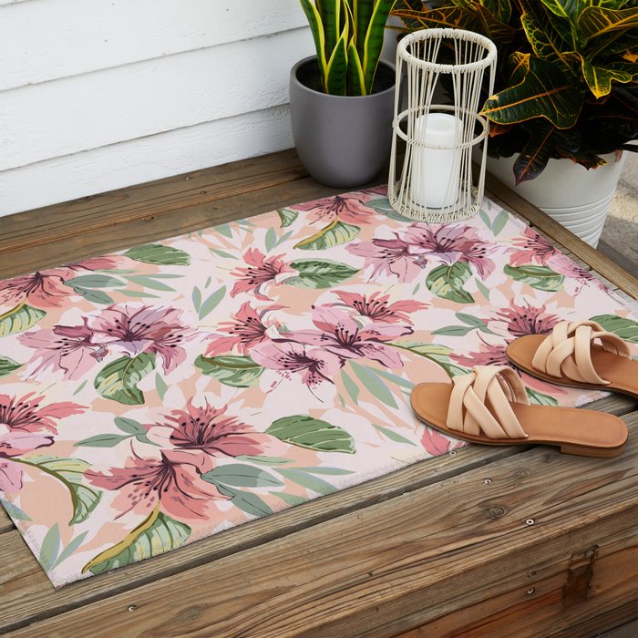 Pastel pink tropical bloom A Outdoor Rug Gallery Image 2