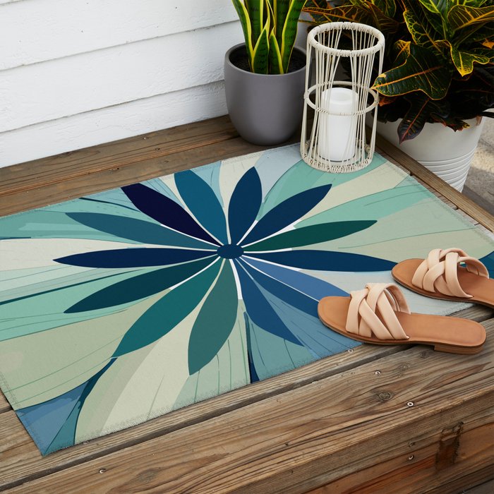 Blooming in Floral Blue and Green Outdoor Rug Gallery Image 2