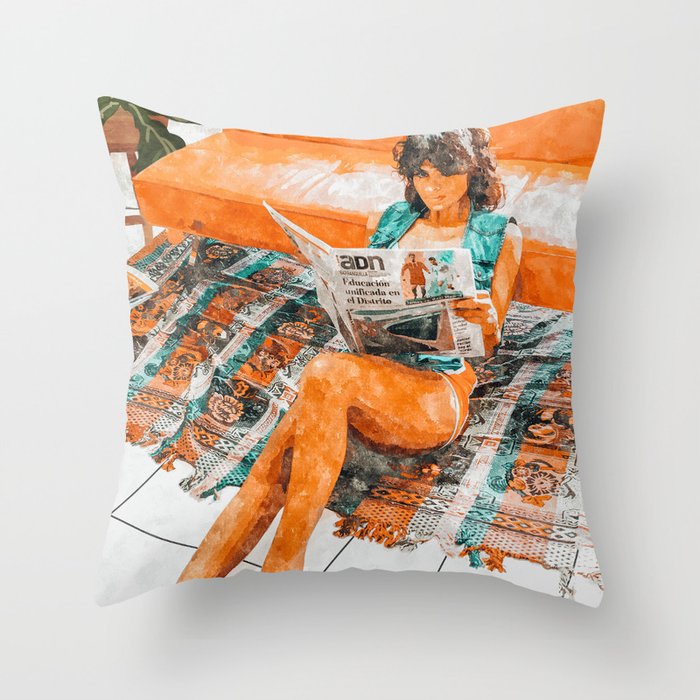 The Gossip Column | Modern Bohemian Woman Hippie Décor | Staycation Fashion Painting  Throw Pillow Gallery Image 6