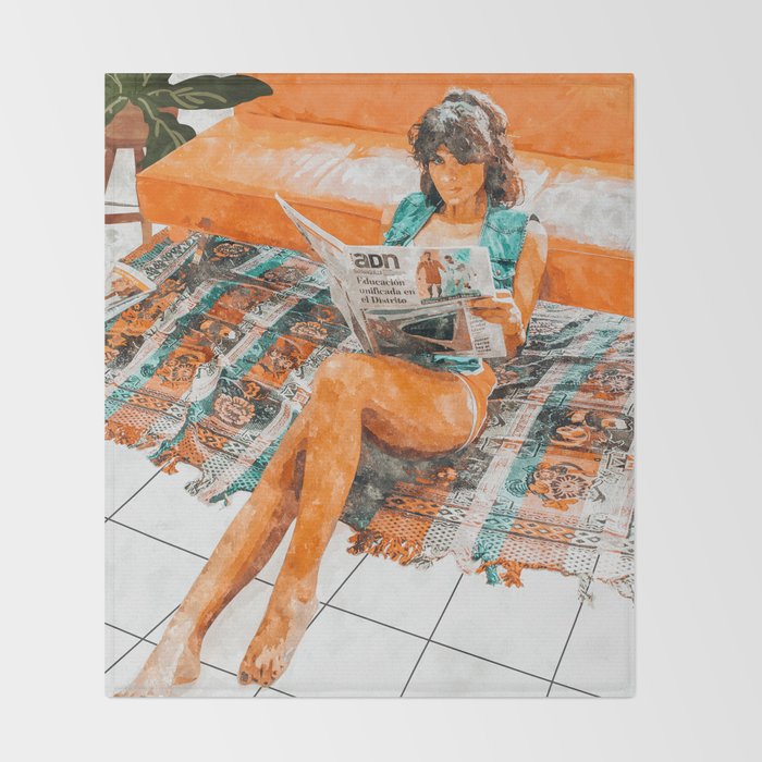 The Gossip Column | Modern Bohemian Woman Hippie Décor | Staycation Fashion Painting  Throw Blanket Gallery Image 2