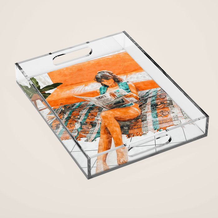 The Gossip Column | Modern Bohemian Woman Hippie Décor | Staycation Fashion Painting  Acrylic Tray Gallery Image 1