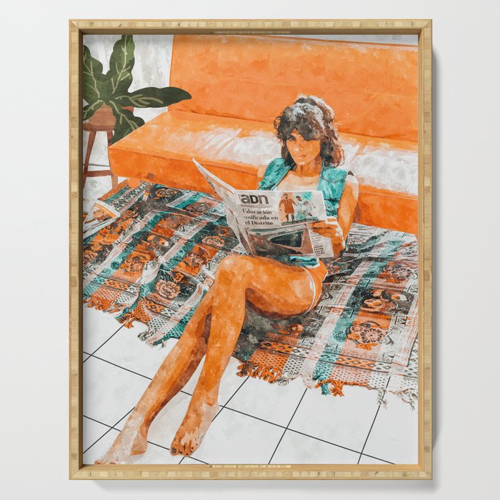 The Gossip Column | Modern Bohemian Woman Hippie Décor | Staycation Fashion Painting  Serving Tray Gallery Image 1