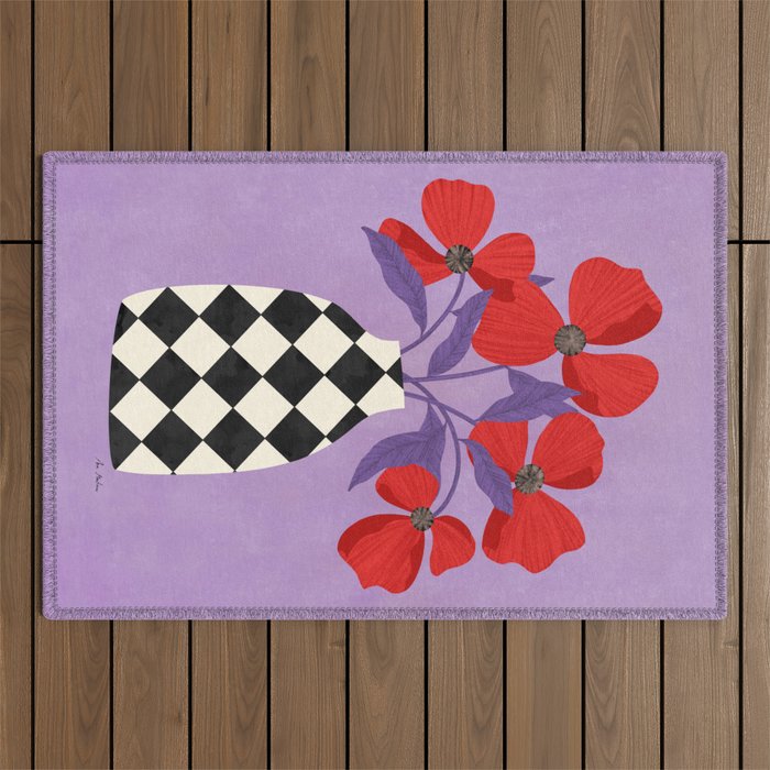Poppies and vase of squares and diamonds Outdoor Rug Gallery Image 1
