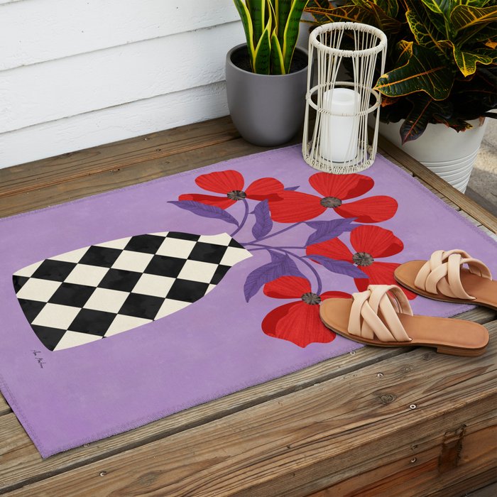 Poppies and vase of squares and diamonds Outdoor Rug Gallery Image 2