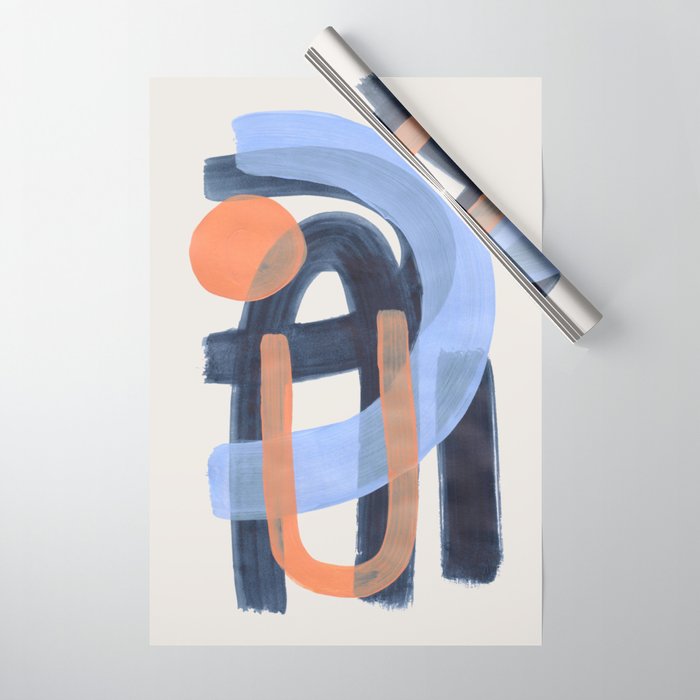 Midcentury Modern Minimalist Funky Cool Tribal Pattern Paynes Grey Pastel Blue Tan Shapes by Ejaaz Haniff Wrapping Paper Gallery Image 1