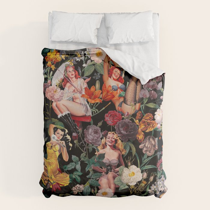 Floral and Pin-Up Girls III - Night Duvet Cover Gallery Image 1