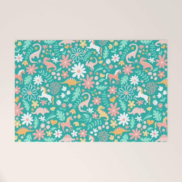 Dinosaurs + Unicorns on Teal Welcome Mat Gallery Image 1
