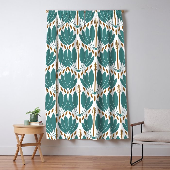 Art Deco White Green & Gold Abstract Pattern Window Curtain Gallery Image 5