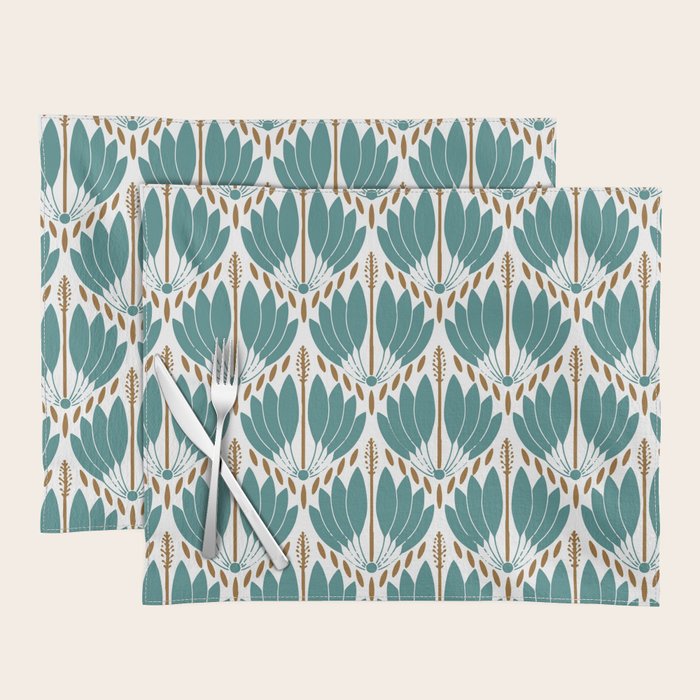 Art Deco White Green & Gold Abstract Pattern Placemat Gallery Image 1