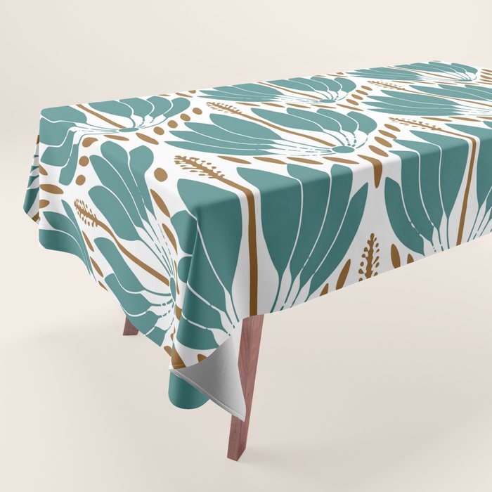 Art Deco White Green & Gold Abstract Pattern Tablecloth Gallery Image 1