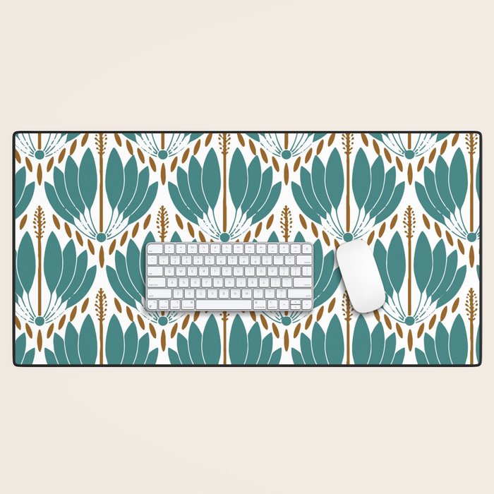 Art Deco White Green & Gold Abstract Pattern Desk Mat Gallery Image 1